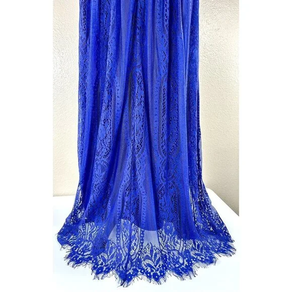 Merokeety Maxi Dress Lace Overlay Indigo Blue Boho Crochet Fringe Knit V Neck L - Picture 9 of 16